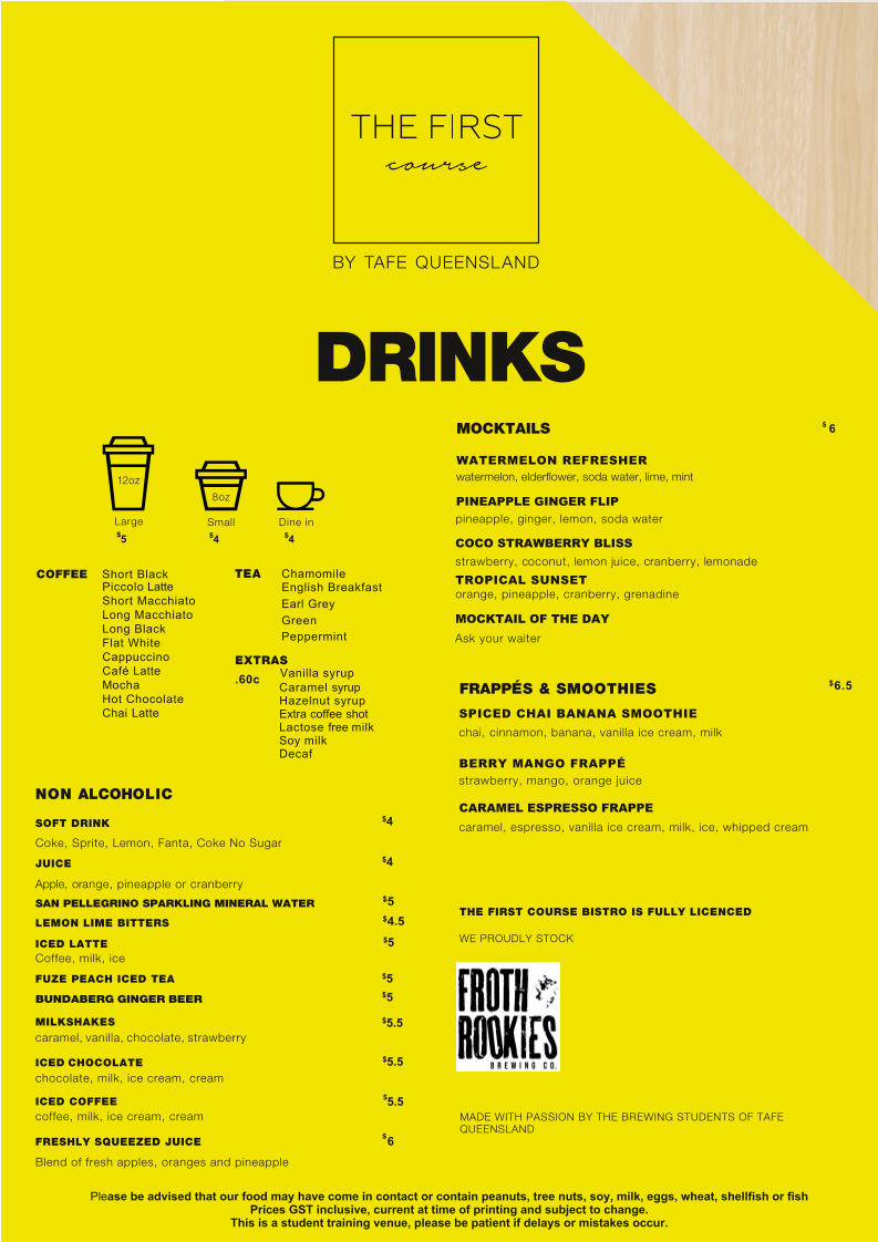 Menu, First Course Bistro