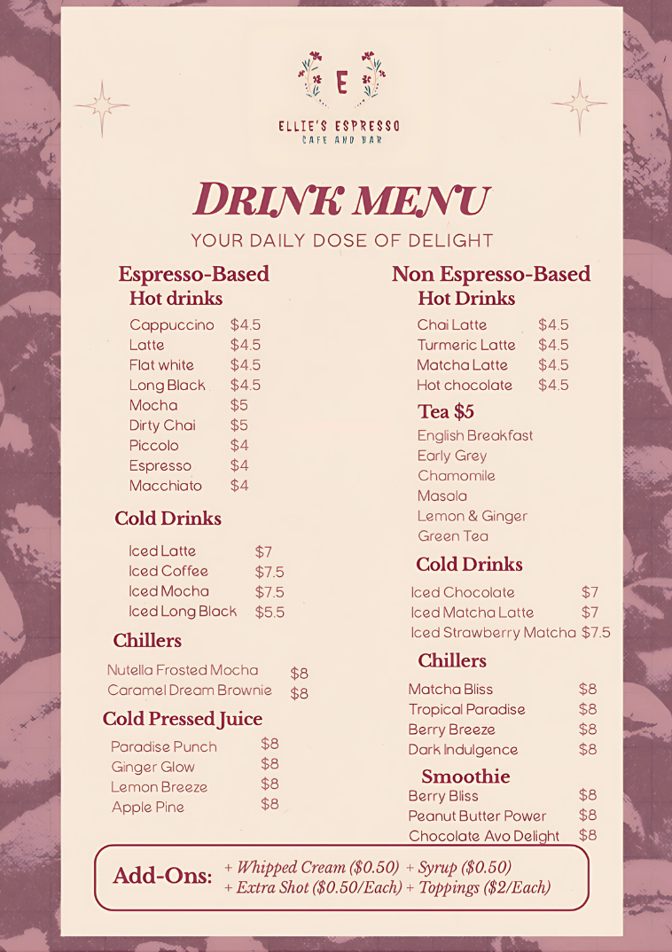 Menu, Ellie’s Espresso Cafe and Bar