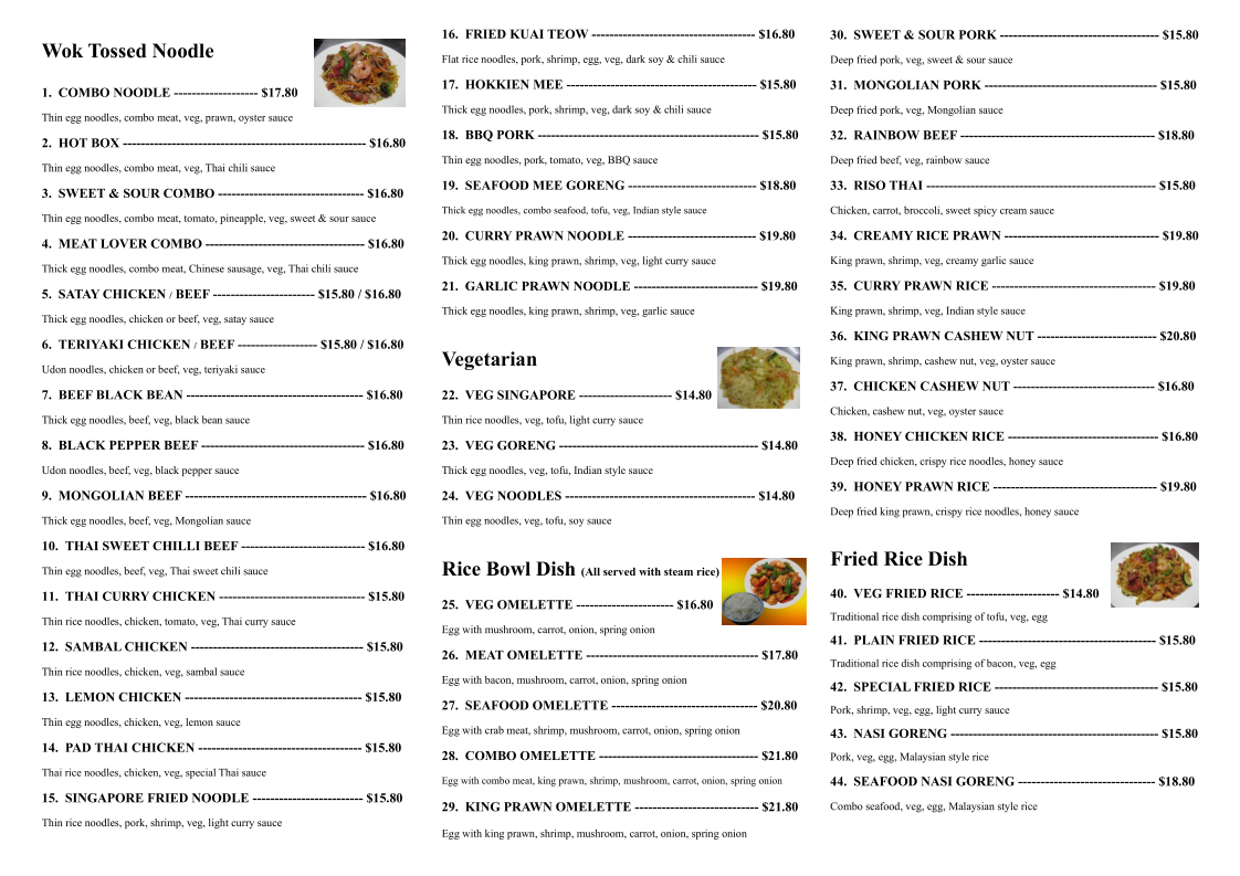 Menu, Golden Wok Wingham