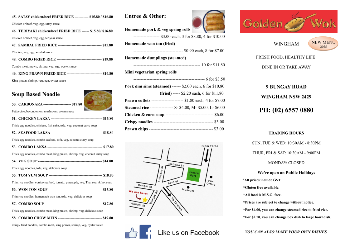 Menu, Golden Wok Wingham