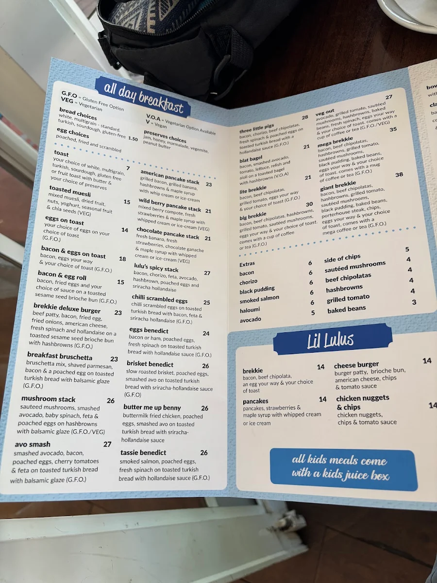 Menu, Lu Lu's Cafe
