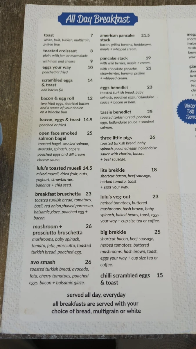 Menu, Lu Lu's Cafe