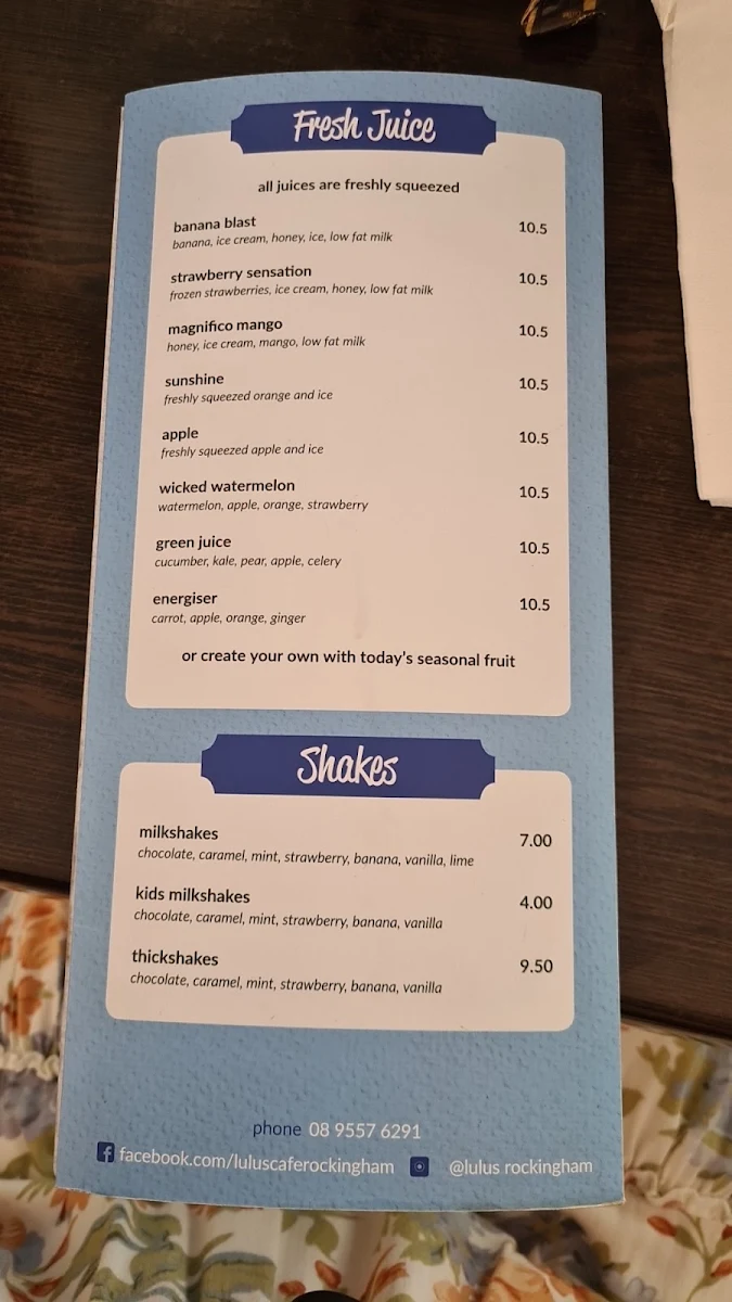 Menu, Lu Lu's Cafe