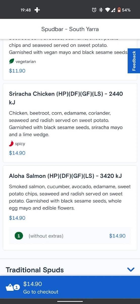 Menu, SpudBAR South Yarra