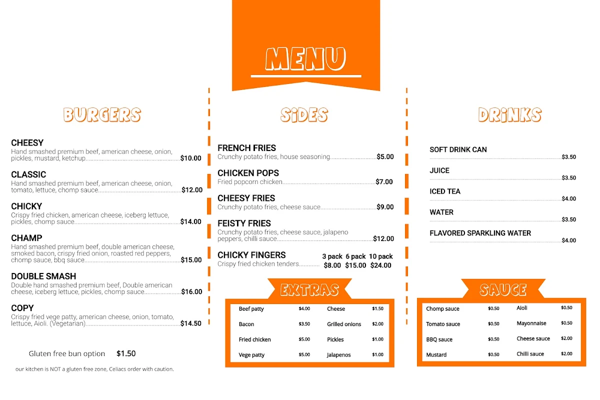 Menu, Chomp Burgers