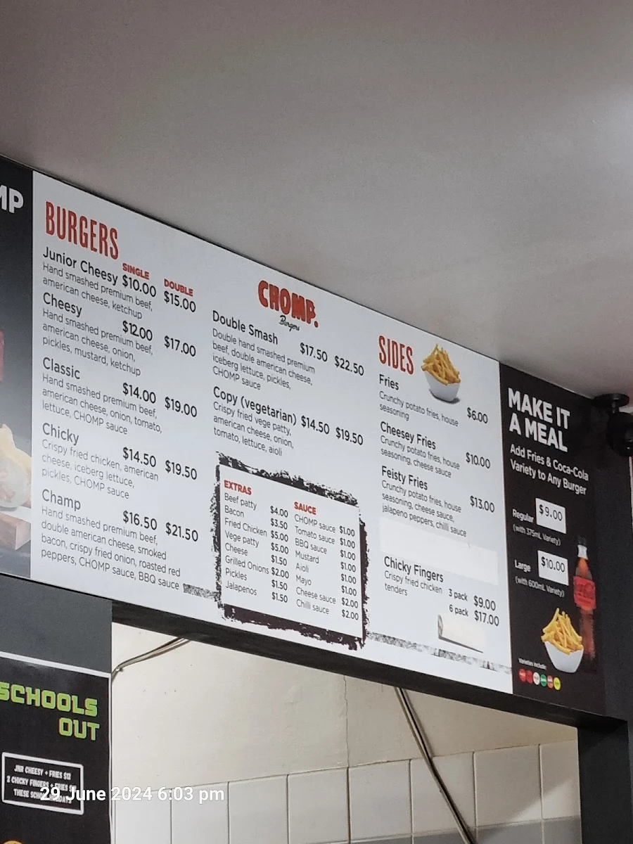 Menu, Chomp Burgers