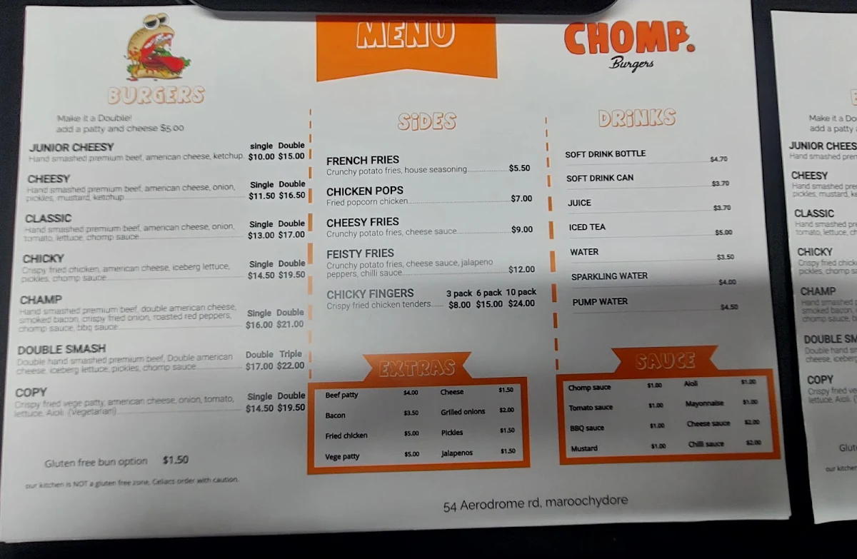 Menu, Chomp Burgers