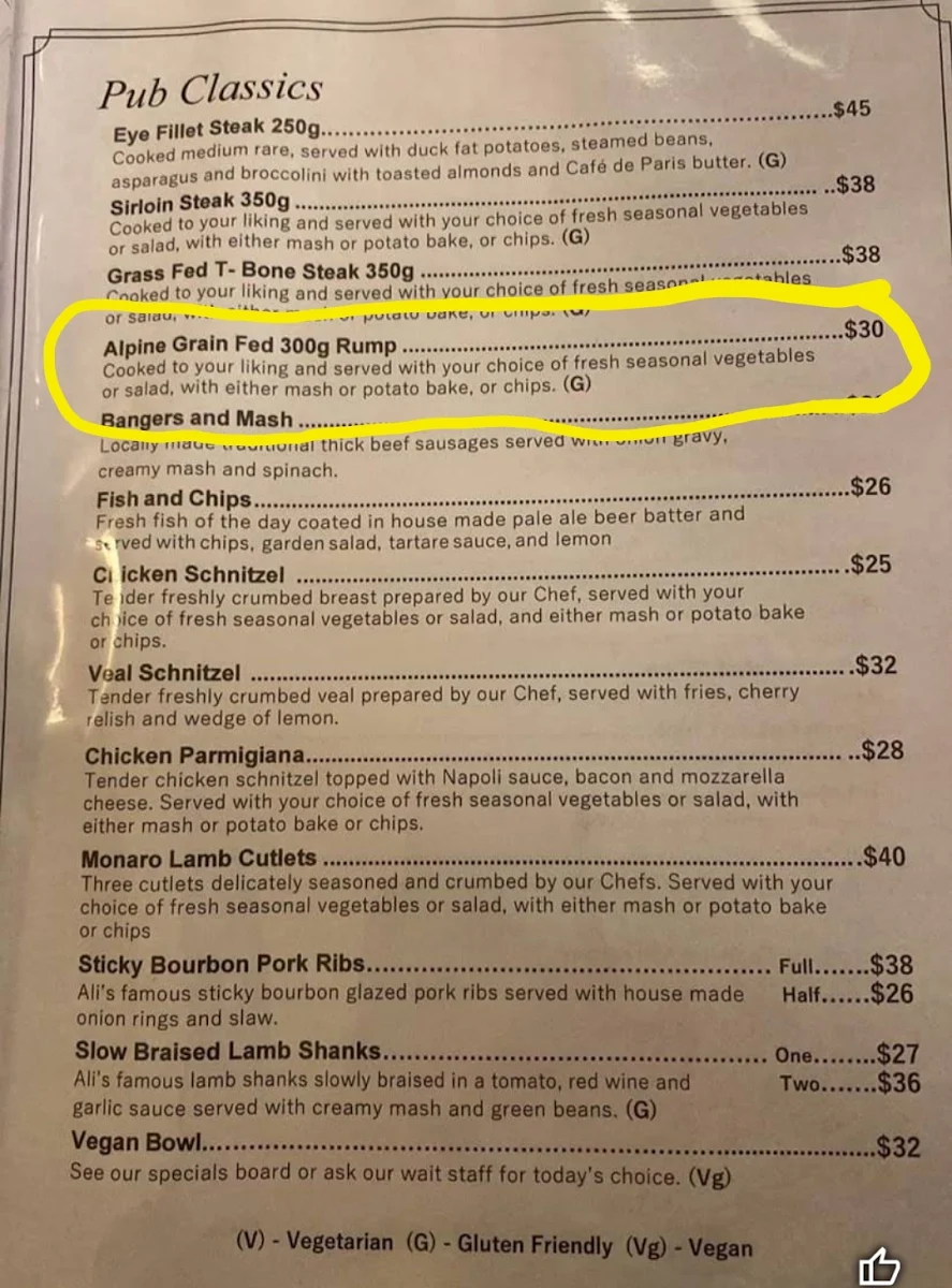 Menu, Alpine Restaurant