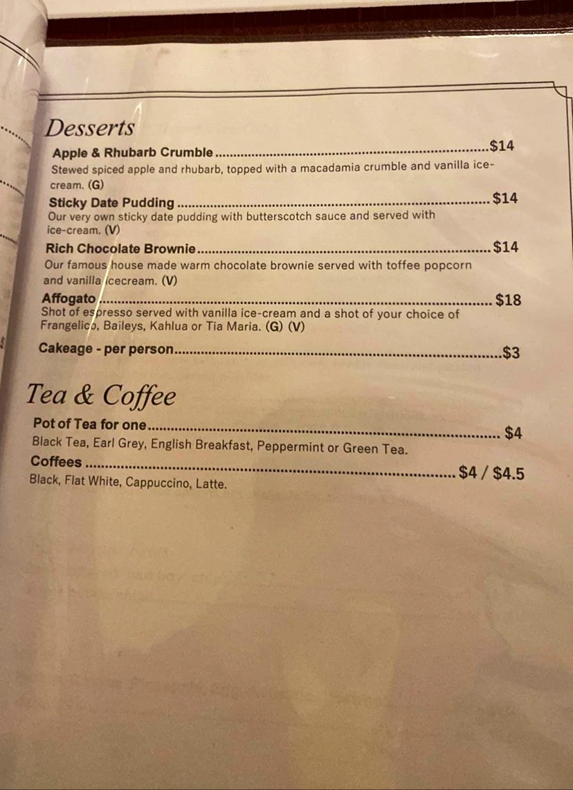 Menu, Alpine Restaurant