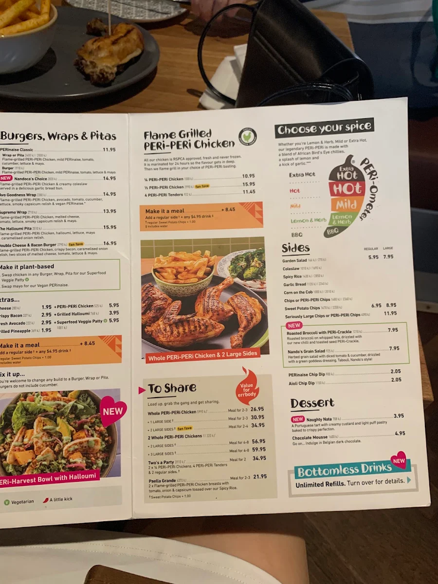 Menu, Nando's Westfield Marion
