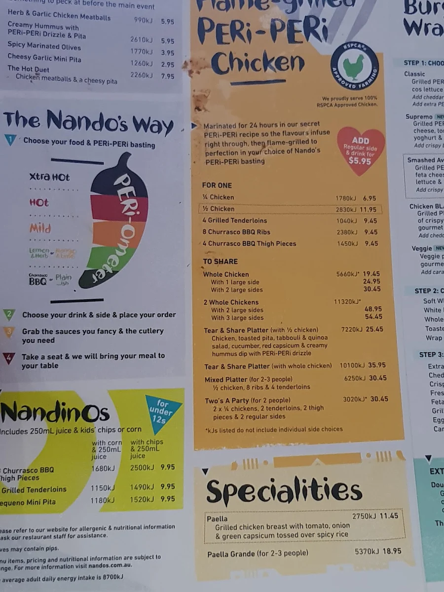 Menu, Nando's Westfield Marion