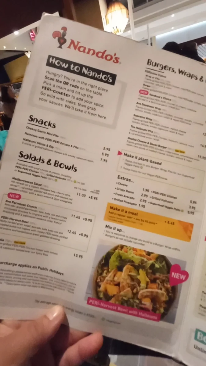 Menu, Nando's Westfield Marion