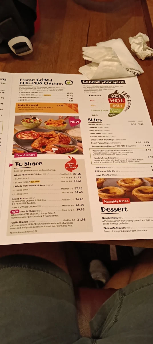 Menu, Nando's Westfield Marion