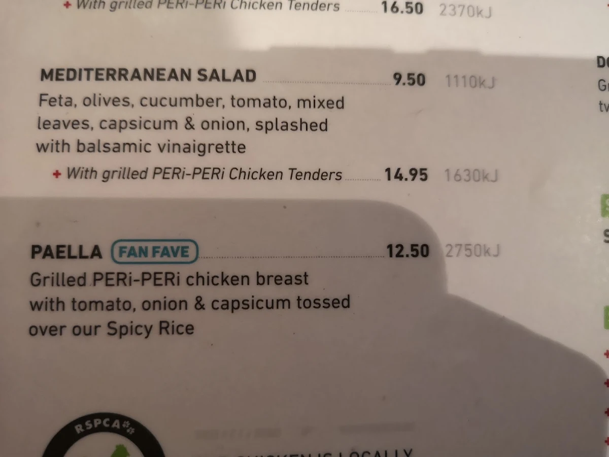 Menu, Nando's Westfield Marion