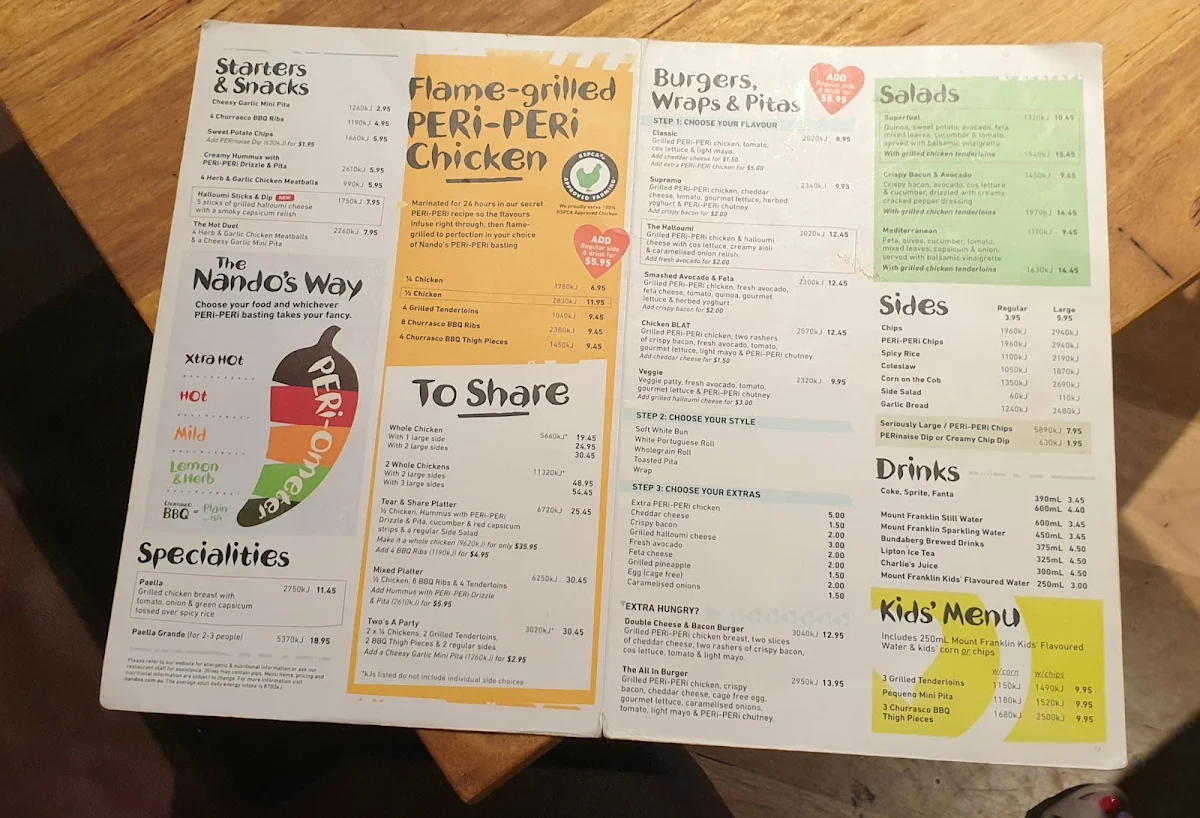 Menu, Nando's Westfield Marion