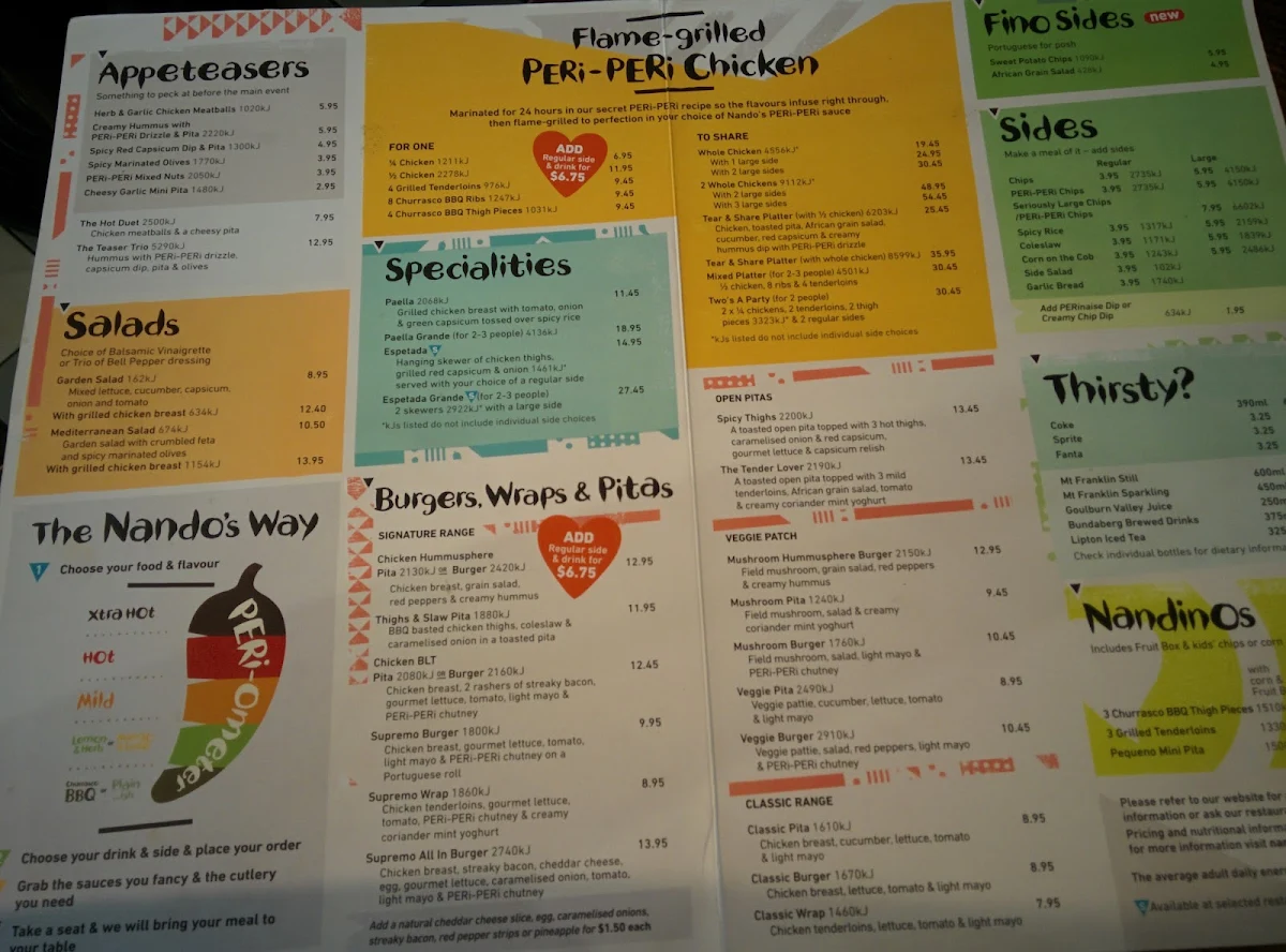 Menu, Nando's Westfield Marion