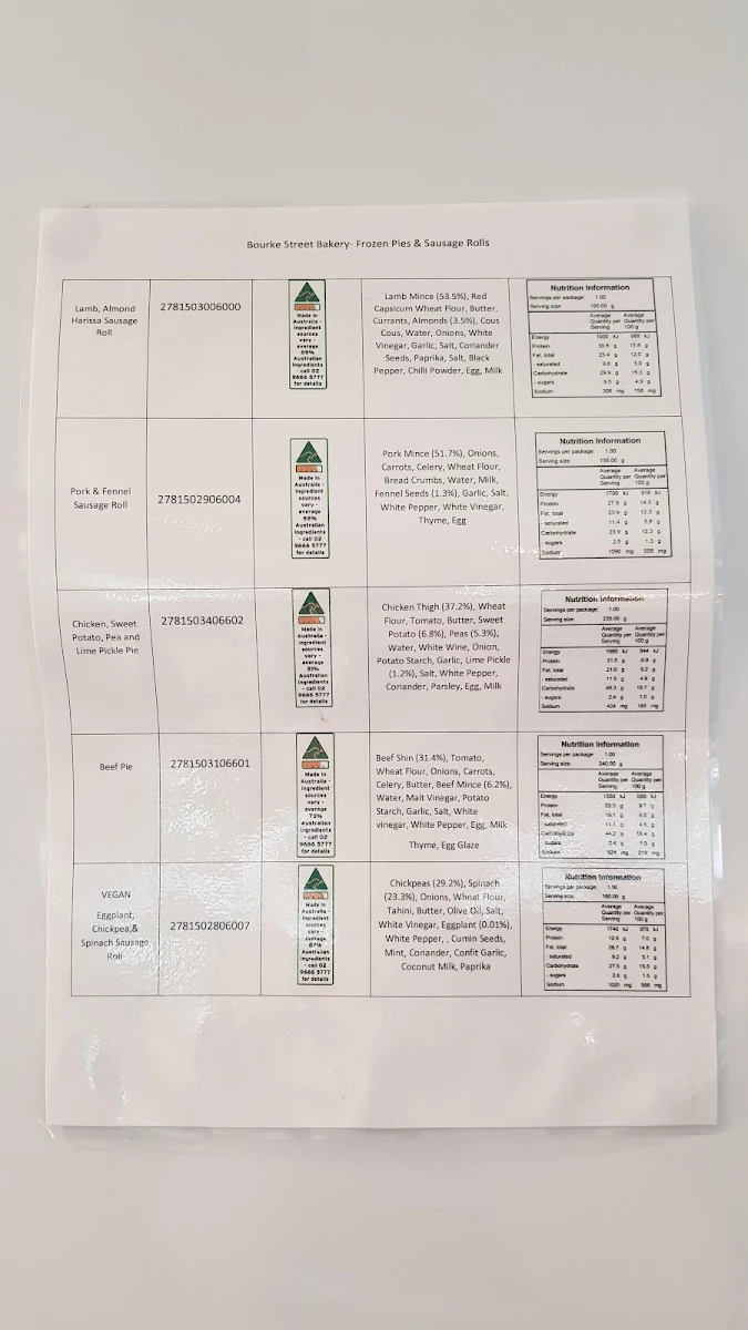 Menu, Bourke Street Bakery Banksmeadow