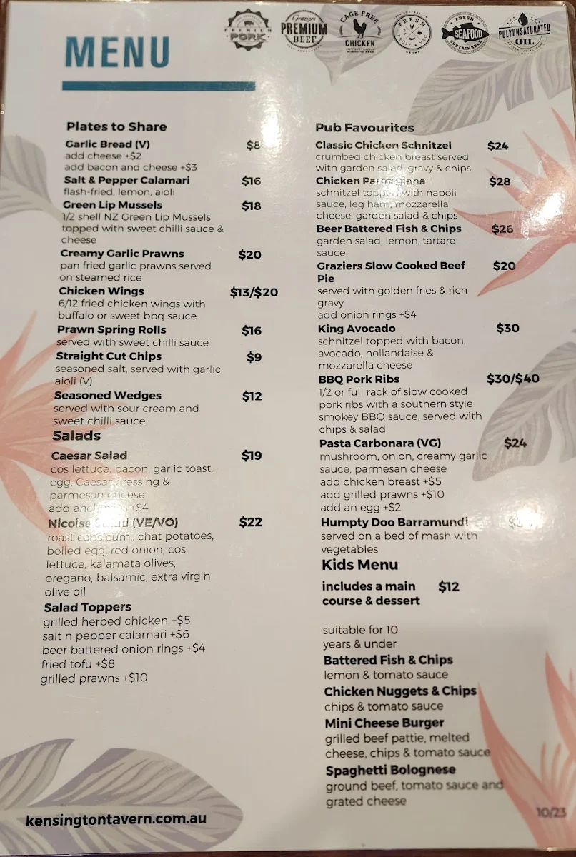 Menu, Kensington Tavern