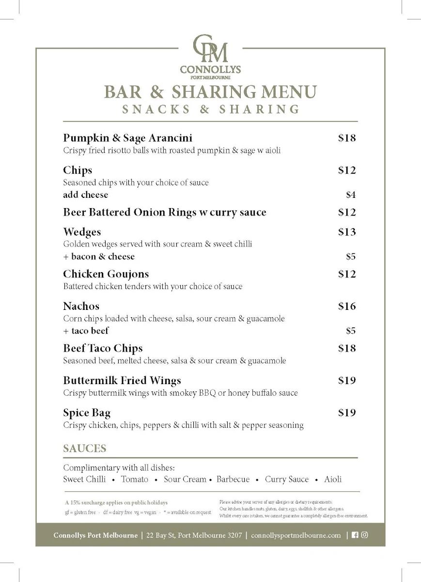 Menu, Connollys Port Melbourne