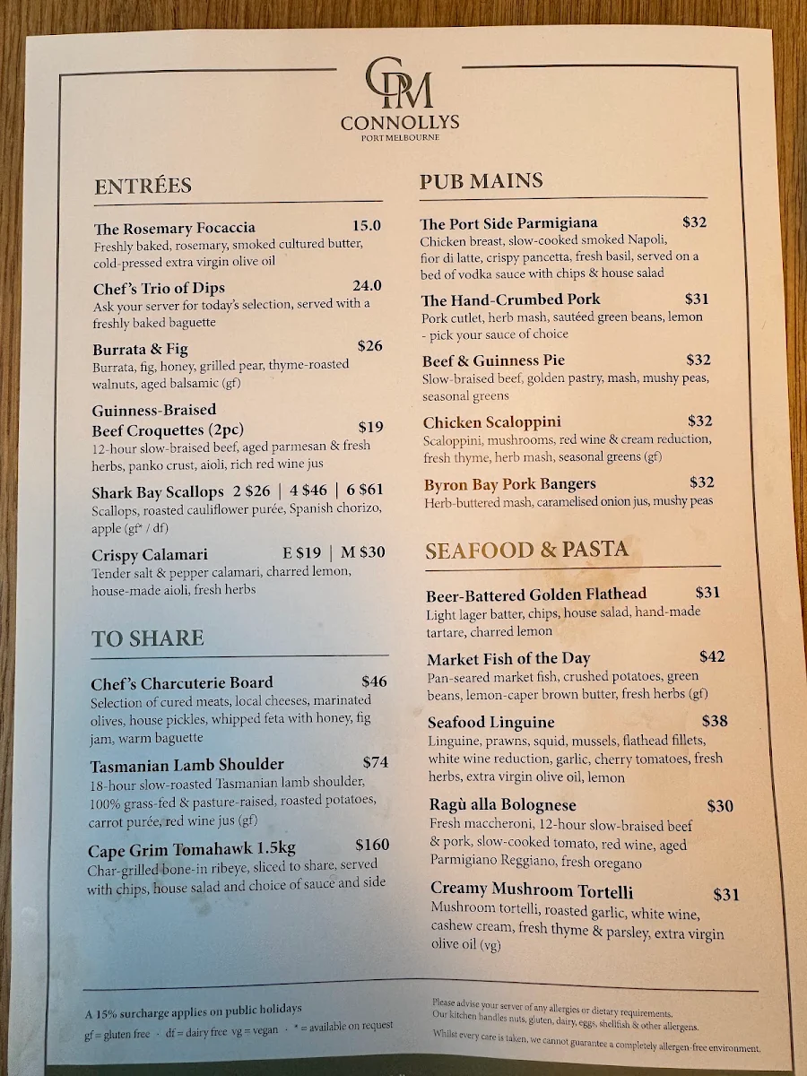 Menu, Connollys Port Melbourne