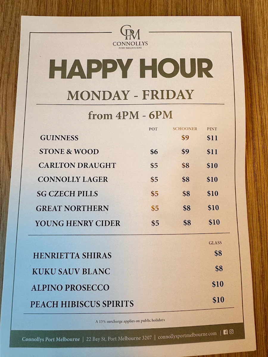 Menu, Connollys Port Melbourne
