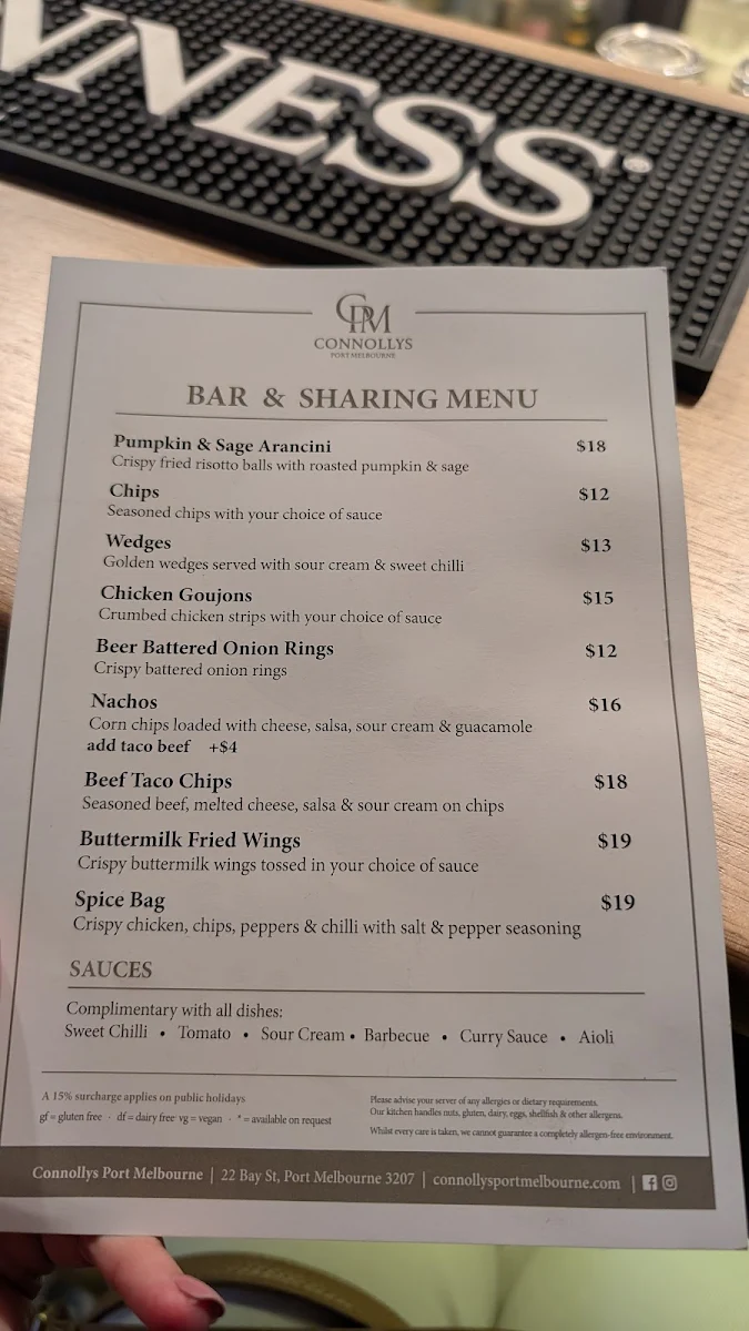 Menu, Connollys Port Melbourne