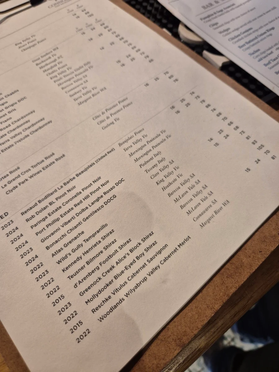 Menu, Connollys Port Melbourne