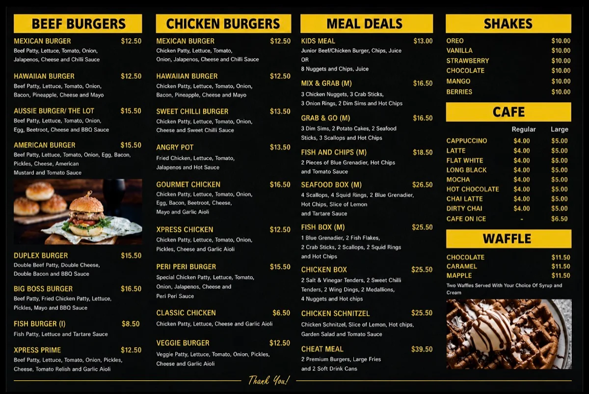 Menu, Xpress eats