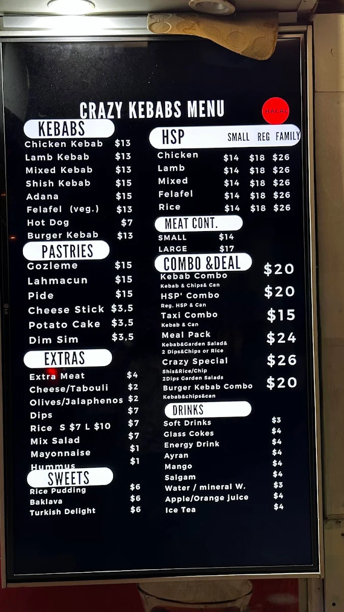 Menu, Crazy Kebabs