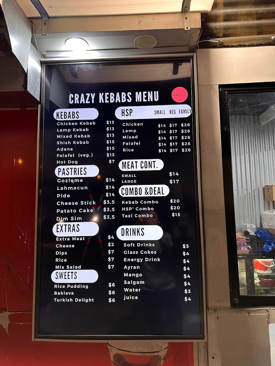 Menu, Crazy Kebabs