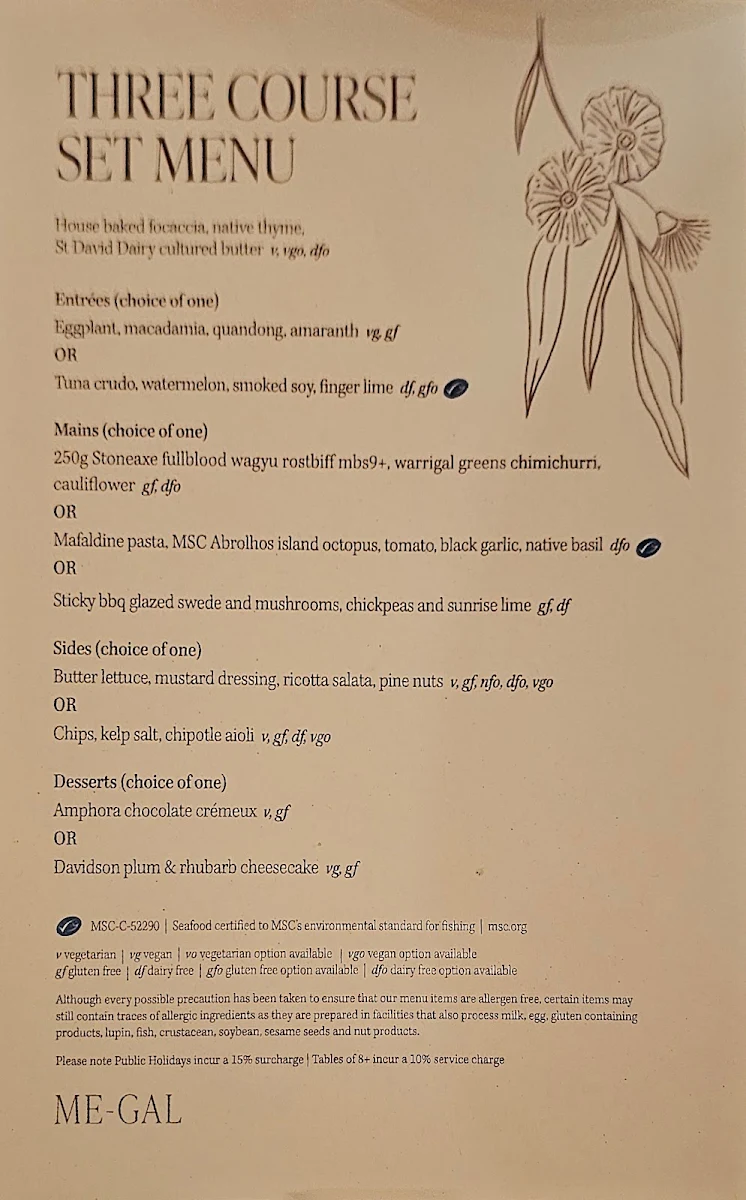 Menu, Me-Gal Restaurant