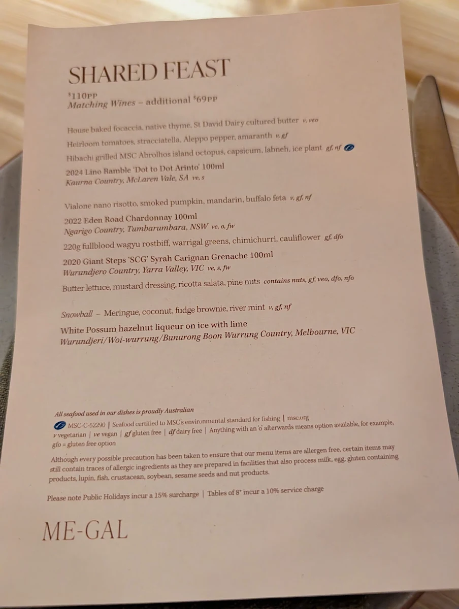 Menu, Me-Gal Restaurant
