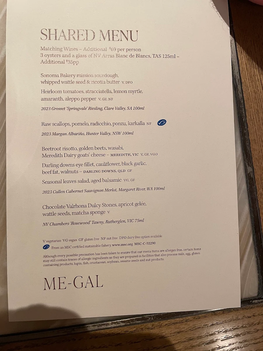 Menu, Me-Gal Restaurant
