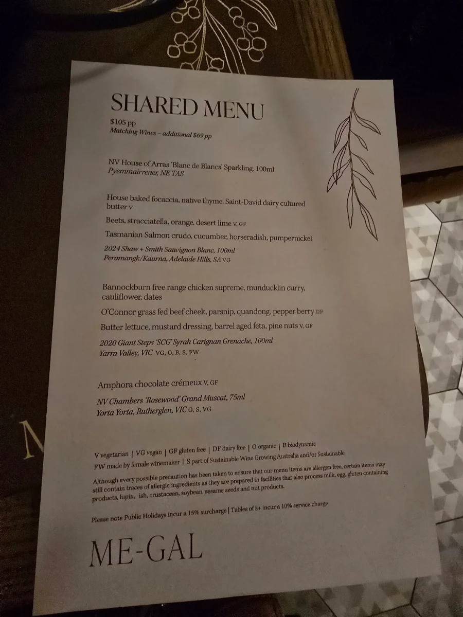Menu, Me-Gal Restaurant