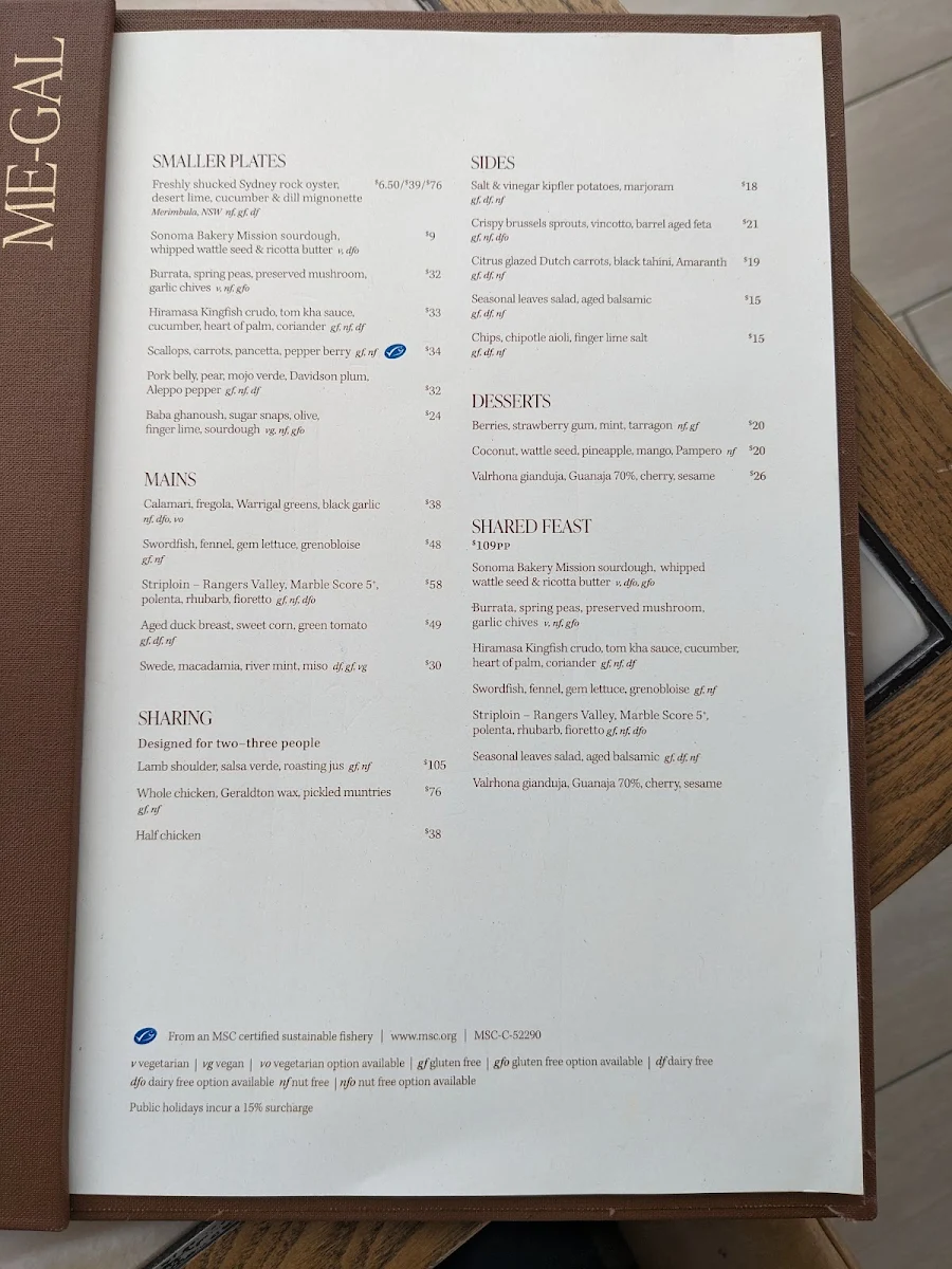 Menu, Me-Gal Restaurant