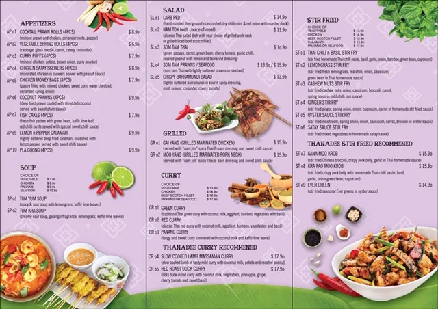 Menu, Thanadee Thai Restaurant