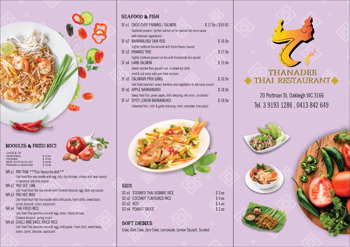Menu, Thanadee Thai Restaurant