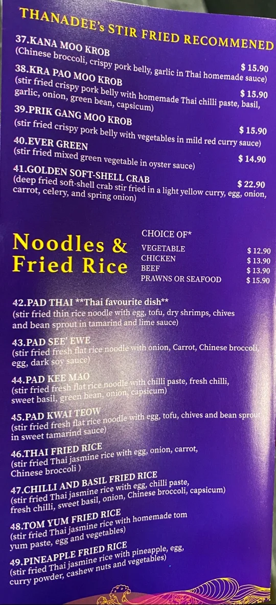 Menu, Thanadee Thai Restaurant
