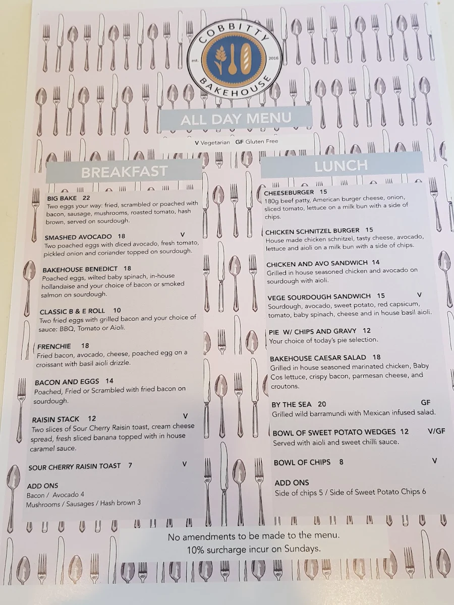 Menu, Cobbitty Bakehouse