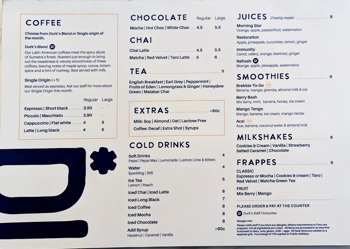 Menu, Durk's Cafe + Eatery Casula