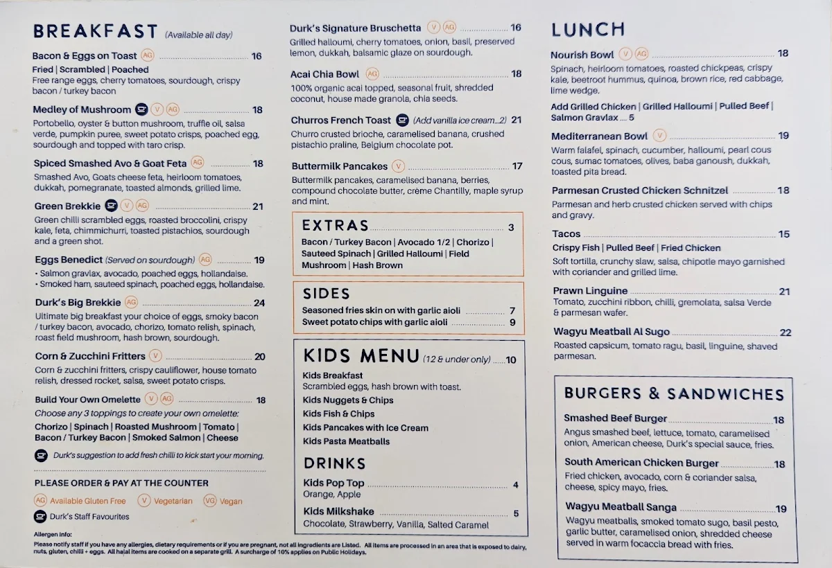 Menu, Durk's Cafe + Eatery Casula