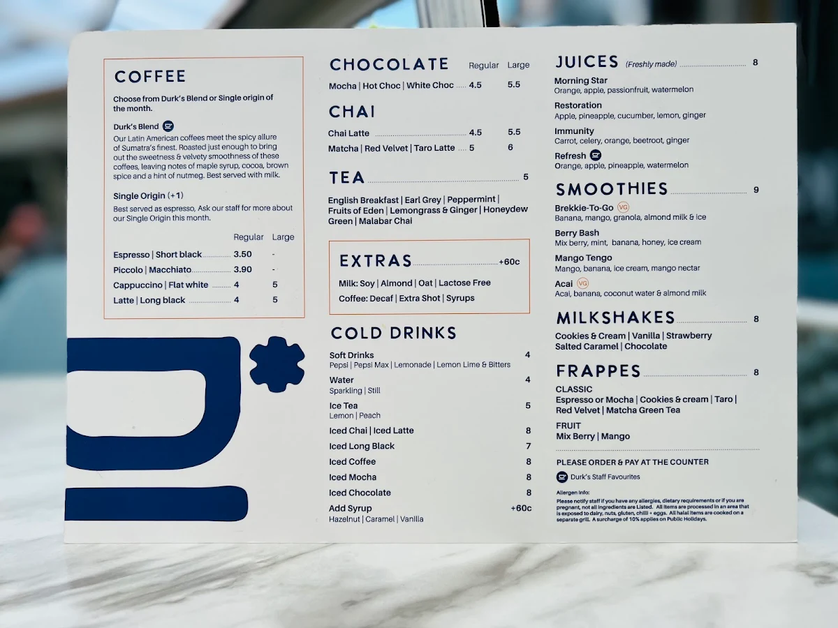 Menu, Durk's Cafe + Eatery Casula