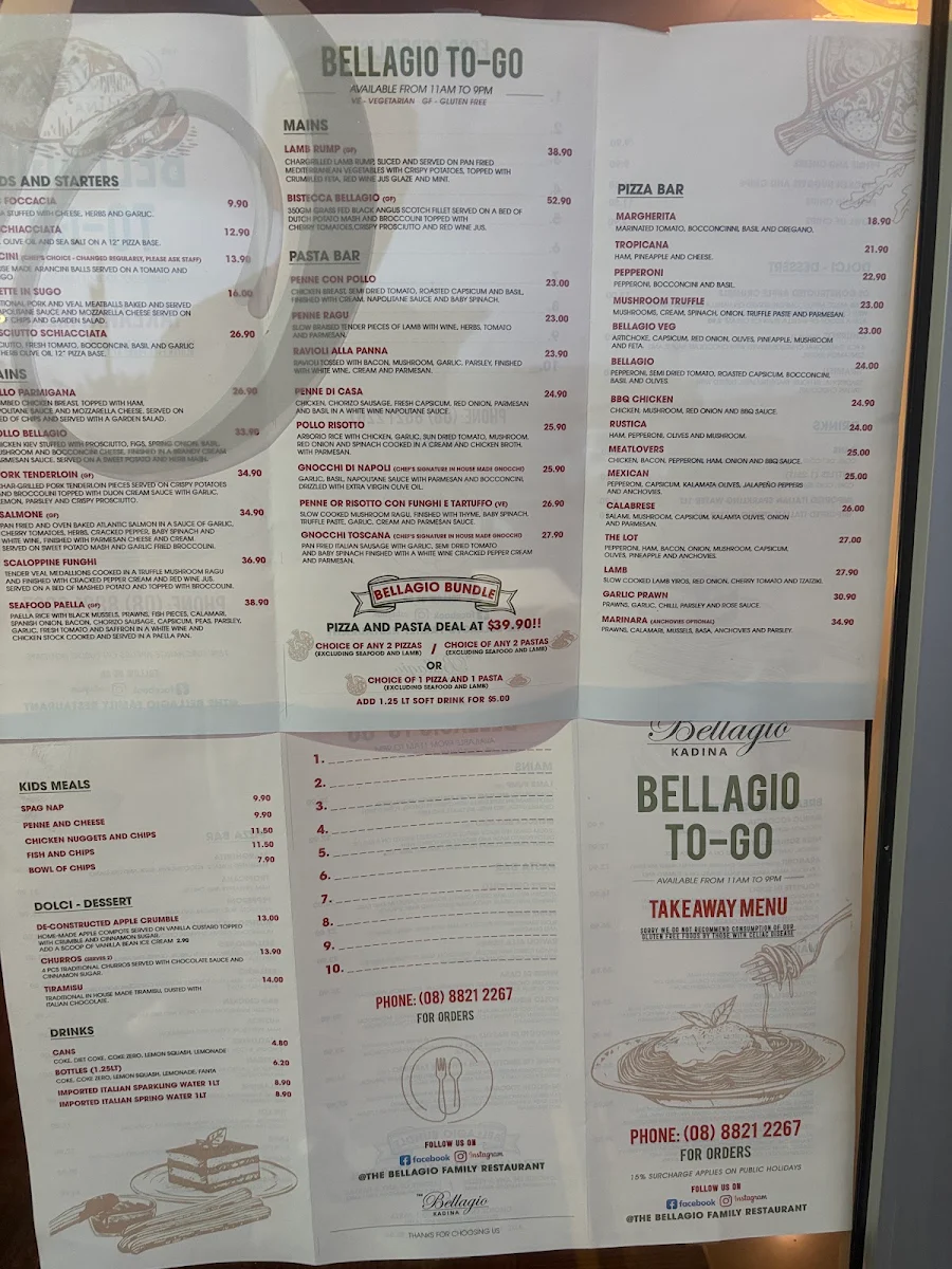 Menu, The Bellagio Family Restaurant