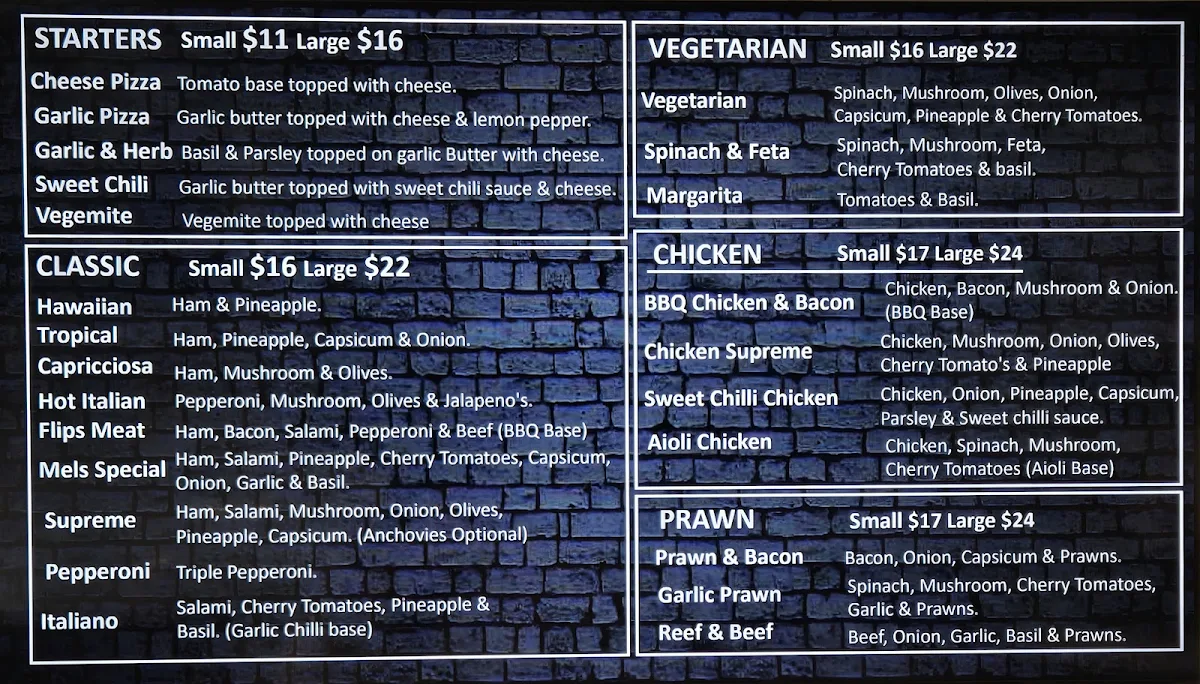 Menu, Flips Pizza Pasta Kebabs Ribs