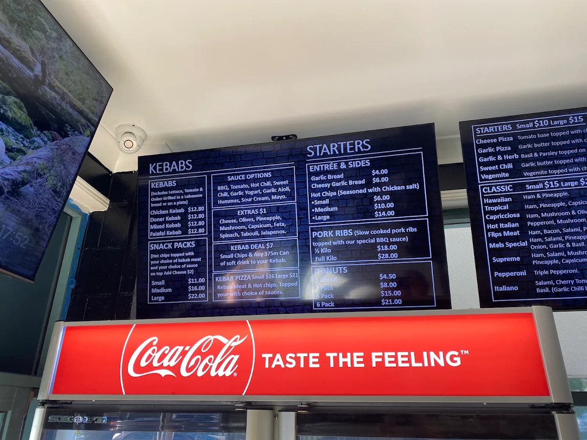 Menu, Flips Pizza Pasta Kebabs Ribs