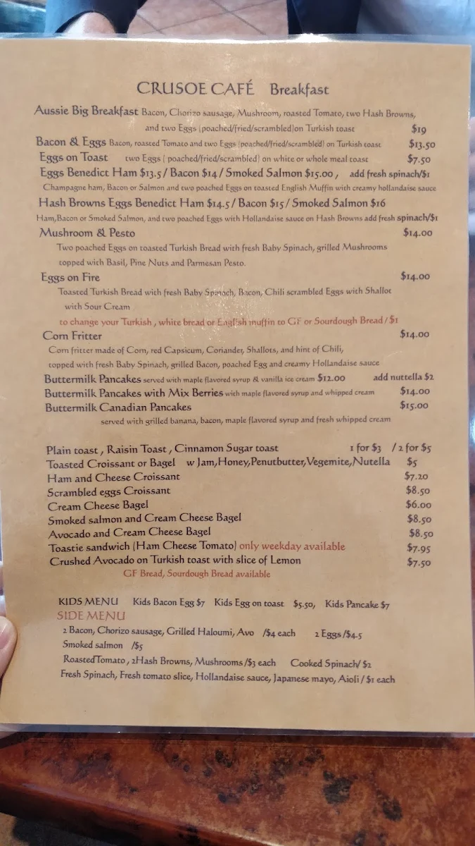 Menu, Crusoe Cafe