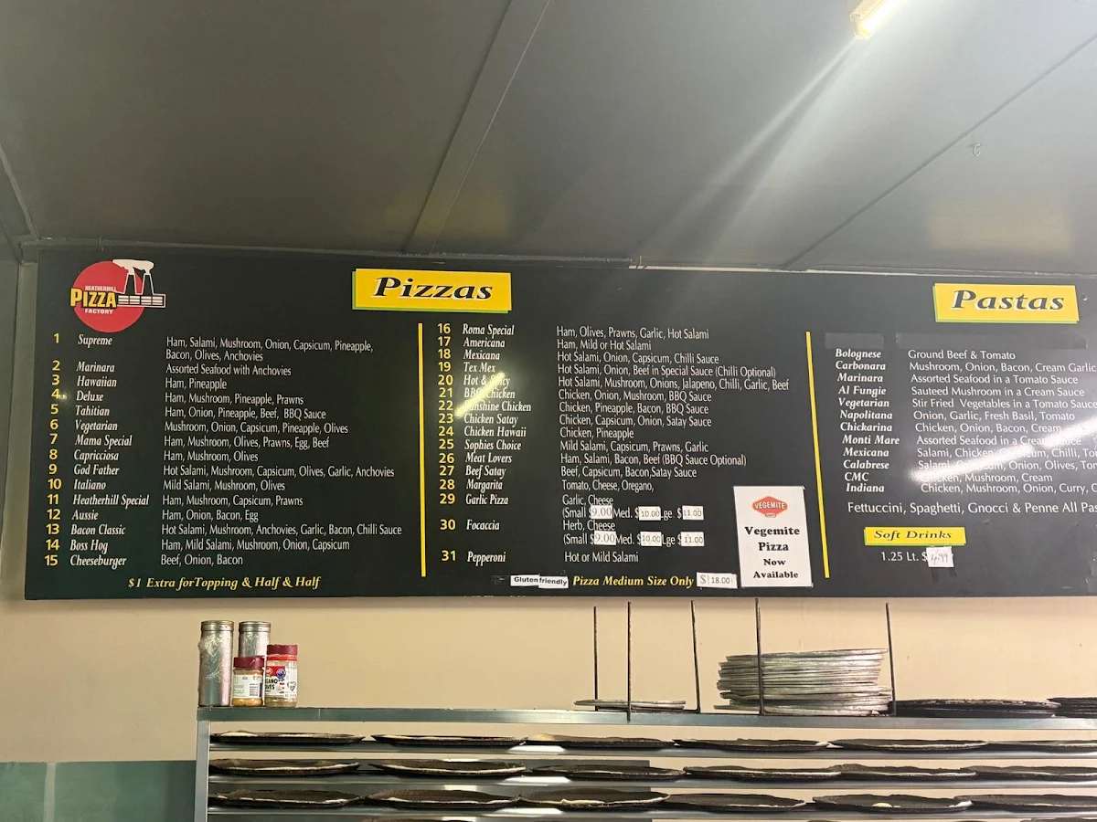 Menu, Heatherhill Pizza Factory