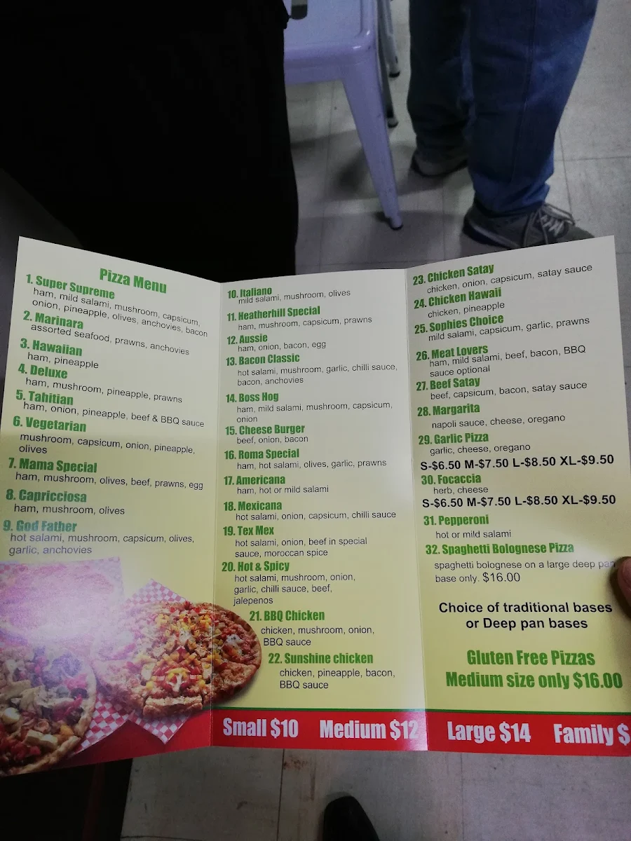 Menu, Heatherhill Pizza Factory