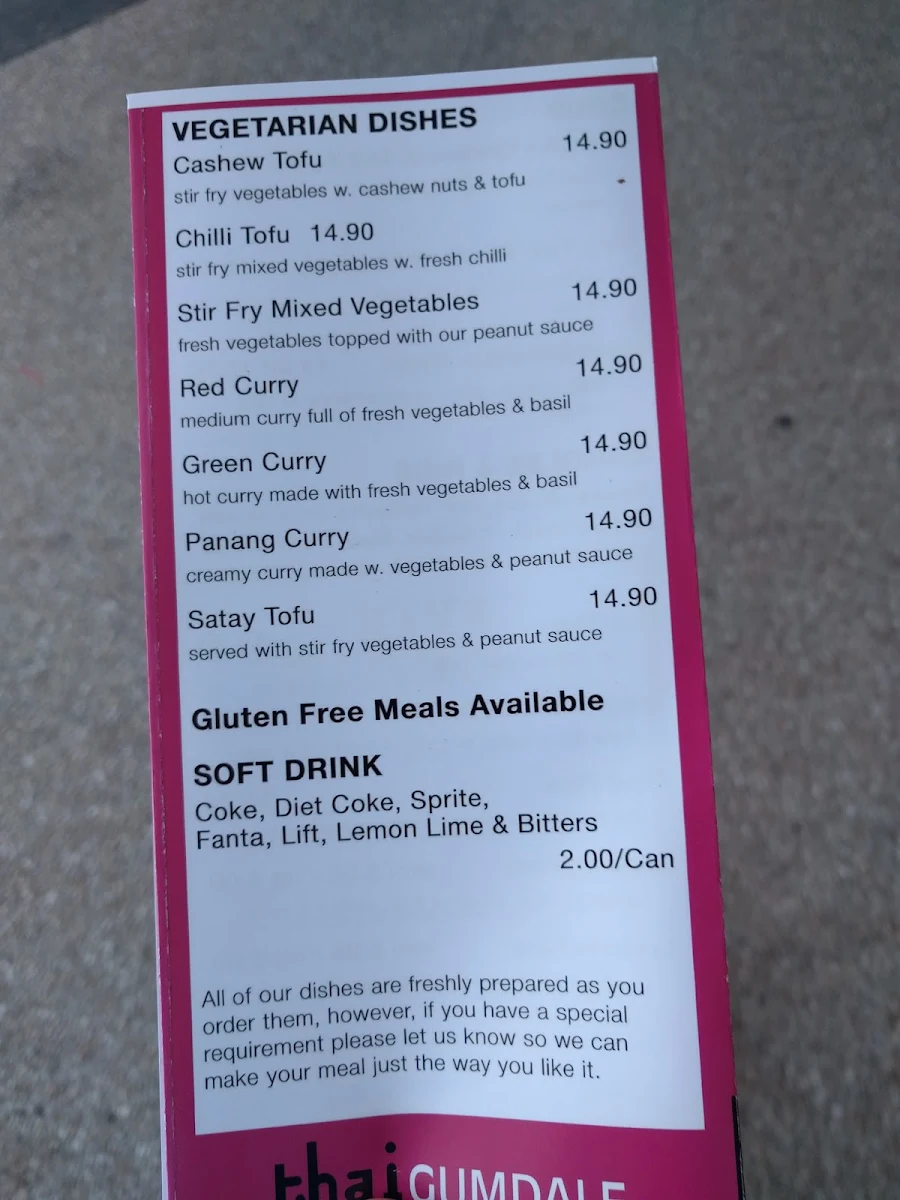 Menu, Thai Gumdale