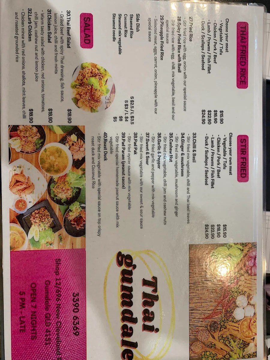 Menu, Thai Gumdale